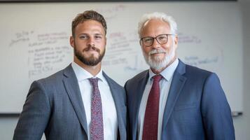 Young business professionals posing confidently in modern office setting photo