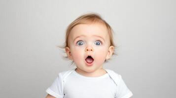 Surprised baby with wide eyes and open mouth, expressing wonder and curiosity photo