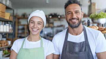 Young business professionals smiling in bakery setting, showcasing teamwork and positivity photo