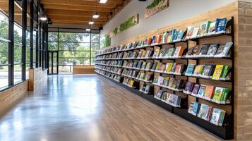 vibrant public library display featuring books on shelves in modern space photo