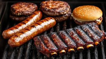 Grilled sausages, ribs, and burgers create delicious barbecue feast photo