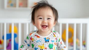 joyful baby in colorful onesie smiles brightly while sitting in crib photo