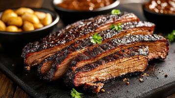 Juicy brisket with smoky crust, served with sides of sauce and potatoes, perfect for gatherings photo