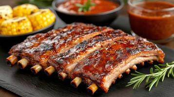 Delicious barbecue ribs with smoky glaze, served with corn and sauce photo