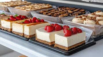 Delicious cheesecake slices topped with fresh strawberries, showcasing tempting bakery display photo