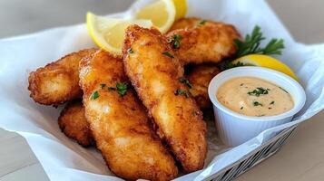 Crispy fried fish fillets served with lemon slices and creamy dipping sauce, perfect for sharing photo