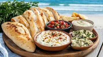 beachside picnic featuring Mediterranean platter with fresh bread, dips, and vibrant salads photo