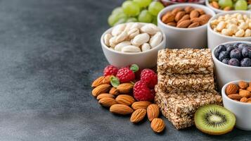 Healthy snacks including nuts, fruits, and granola bars arranged beautifully photo