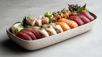 beautifully arranged sushi and sashimi platter featuring fresh fish, vibrant colors photo