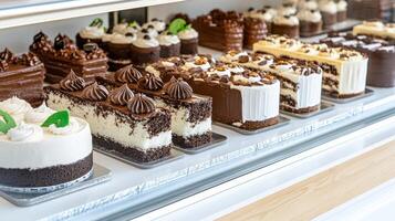 Indulge in delightful cake shop display filled with various styles of cakes photo