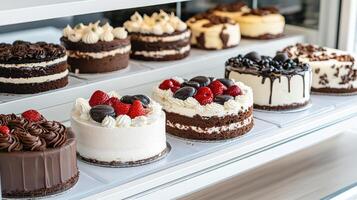 Delicious cakes displayed in shop case, showcasing various styles and toppings photo