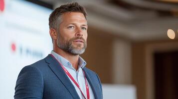 Inspiring business leader delivering motivational speech at conference photo