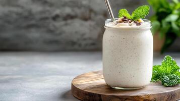 Creamy smoothie with mint, banana, and chocolate, served in glass jar on wooden board photo