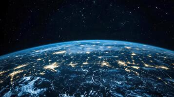 stunning view of Earth from space, showcasing interconnected data points and glowing cities photo