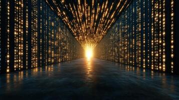mesmerizing digital tunnel filled with glowing binary code, leading to bright light photo