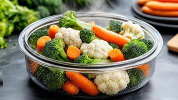 Fresh vegetables clear glass steamer basket, including broccoli, carrots, and cauliflower photo