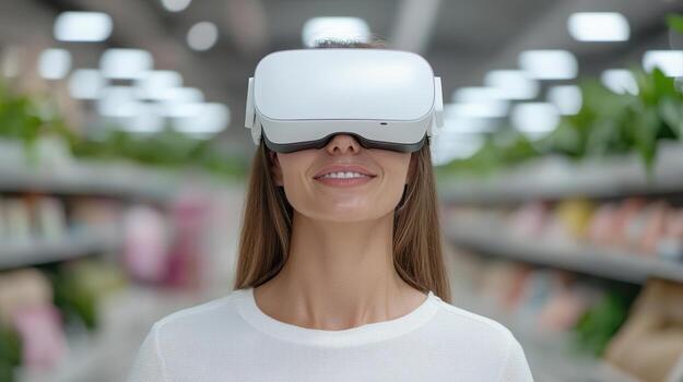 Immersive virtual reality experience with smiling woman wearing headset in store photo