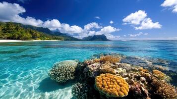 stunning aerial view of vibrant coral reef with diverse marine life, showcasing nature beauty photo