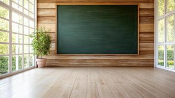 spacious seminar hall featuring green chalkboard, wooden walls, and natural light photo