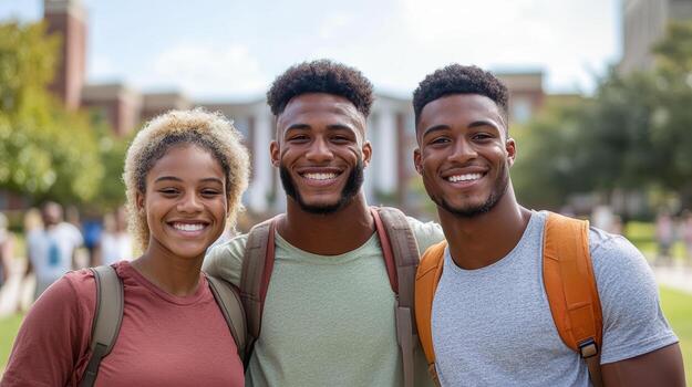 sonriente estudiantes disfrutando su Universidad experiencia en instalaciones con mochilas foto