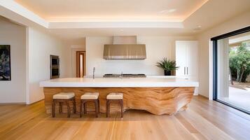 Modern kitchen with sleek design, featuring wooden island and functional layout photo