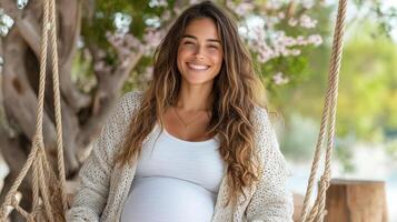 joyful pregnant woman sitting on swing, surrounded by nature, radiating happiness photo