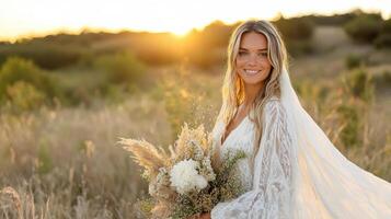 radiant bride in flowing gown stands in sunlit field, holding bouquet of dried flowers photo