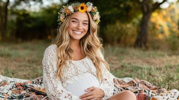 joyful pregnant woman wearing flower crown sits on blanket in nature photo