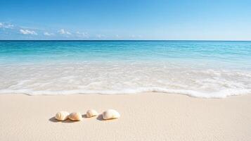 Serene beach with gentle waves and seashells scattered on soft sand, inviting relaxation photo