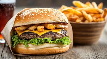Delicious cheeseburger with lettuce, cheese, and fries, perfect for quick meal photo