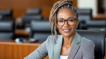 Empowered female leader in professional setting, showcasing confidence and poise photo