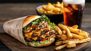 Delicious cheeseburger wrapped in paper, served with fries and cold drink photo
