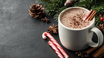 cozy holiday setup featuring mug of hot cocoa, candy canes, and festive decorations photo