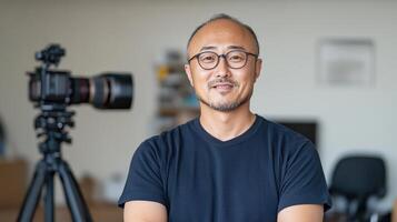 Professional photographer smiling confidently studio setting, showcasing creativity and passion photo