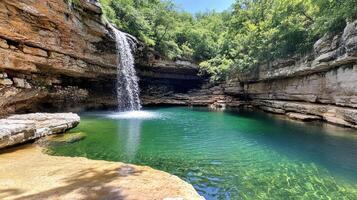 serene waterfall cascading into tranquil pool surrounded by lush greenery photo