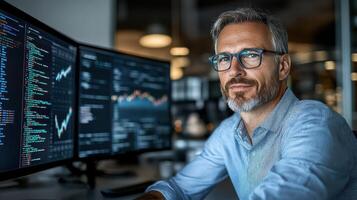 finance executive analyzing data on dual monitors, showcasing advanced software and analytics photo