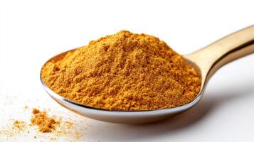 Bright yellow turmeric powder in golden spoon, showcasing its vibrant color and fine texture photo