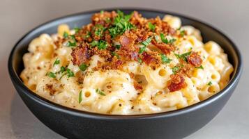 Creamy mac and cheese topped with crispy bacon and fresh herbs, perfect for comfort food lovers photo