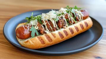 Gourmet hot dog topped with truffle aioli, arugula, and shaved cheese on toasted bun photo