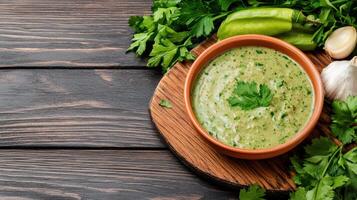 Creamy green sauce with fresh herbs, garlic, and peppers in rustic bowl photo
