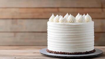 delicious homemade cake with smooth white frosting and decorative swirls top, perfect for photo