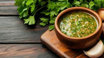 Homemade chimichurri sauce rustic bowl, surrounded by fresh herbs, evokes vibrant culinary photo