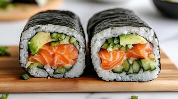 Fresh sushi roll with salmon, avocado, and cucumber, beautifully sliced and presented photo