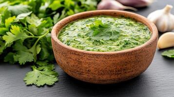Fresh chimichurri sauce in rustic bowl, surrounded by herbs and garlic, adds vibrant flavor photo