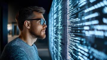 Innovative man observing digital data on screen, showcasing technology and focus photo