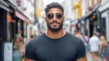 confident man sunglasses walks through vibrant street filled with people, showcasing urban life photo