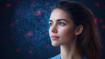 Innovative portrait of woman with digital network background, symbolizing technology and AI photo