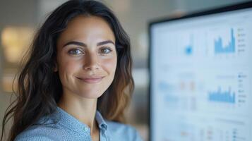 Professional woman smiling office setting with data charts background, showcasing confidence and photo