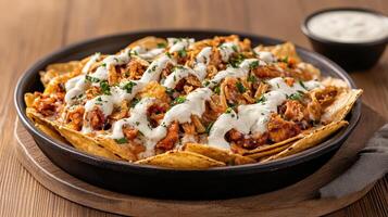 Delicious nachos topped with spicy buffalo chicken and creamy ranch sauce, perfect for sharing photo