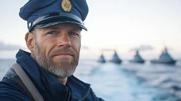 naval commander confidently navigating fleet through challenging waters, showcasing leadership photo